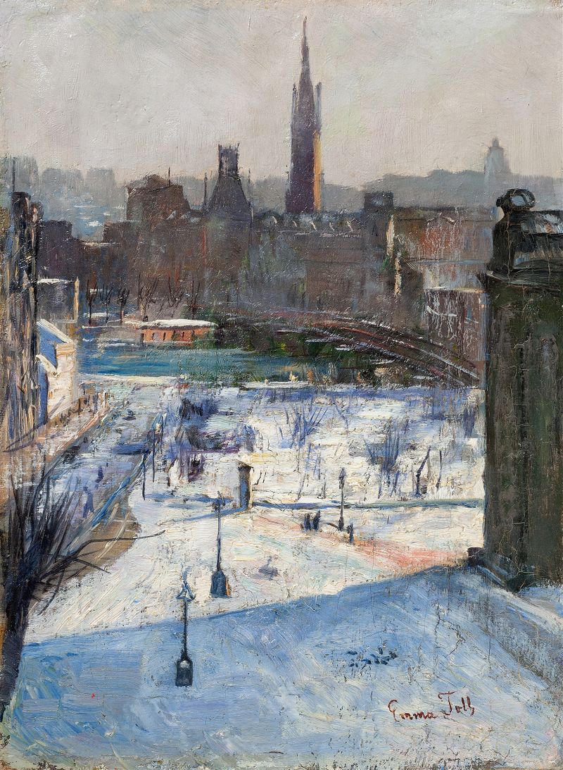 Pintura al óleo de paisaje de Emma Toll que presenta agua, arquitectura y un horizonte tranquilo