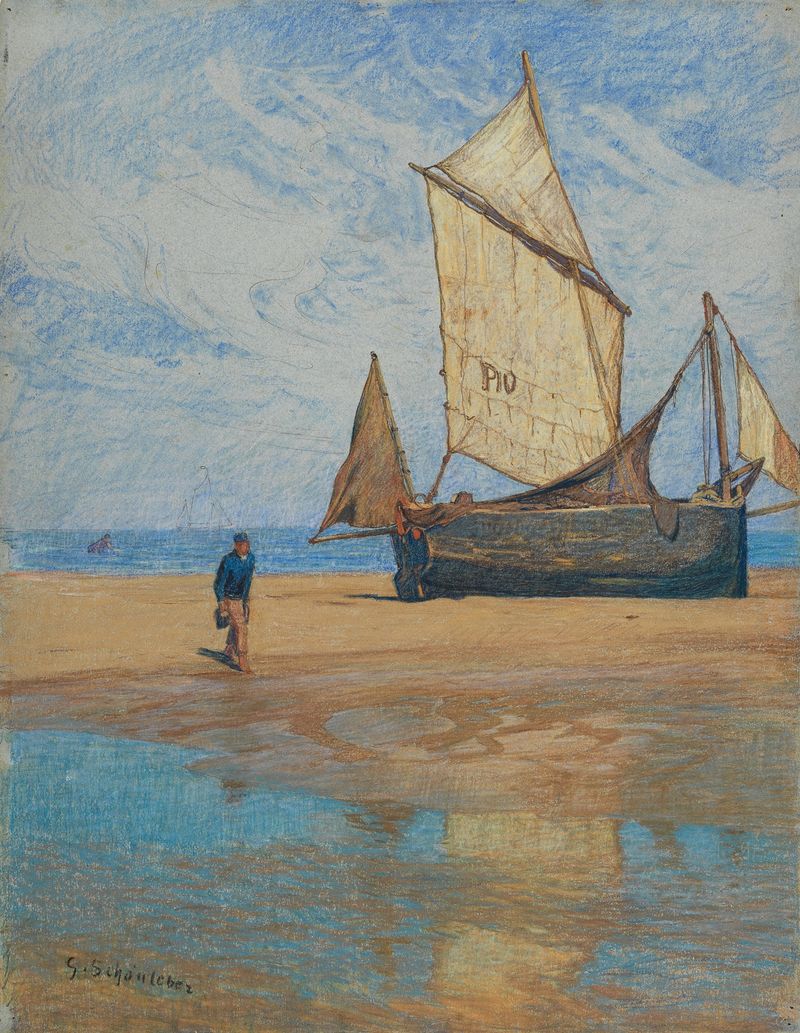 Ebbe de Gustav Schönleber, óleo de um veleiro descansando na praia