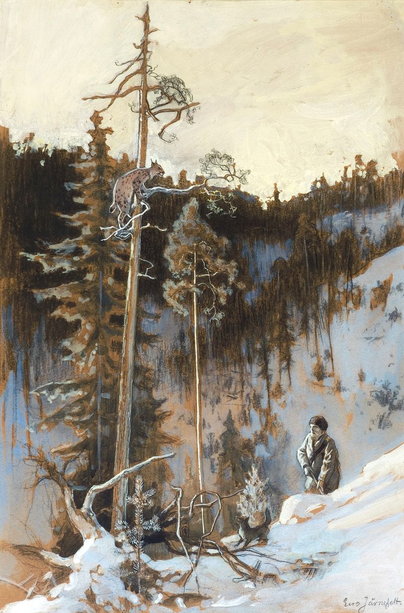 Lynx Hunt de Eero Järnefelt, óleo sobre tela representando caçadores em uma floresta.