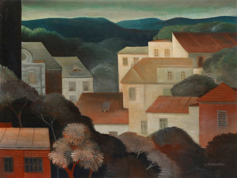 Häuser in den Hügeln by Viktor Planckh, oil on canvas depicting hills and houses.