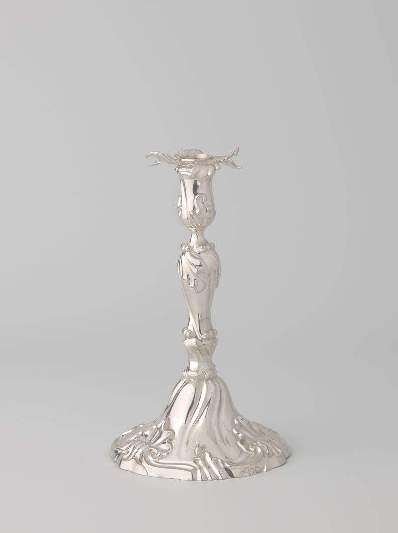 Silver candlestick by Cornelius Wilhelmus Rensing, metal, featuring intricate engravings.