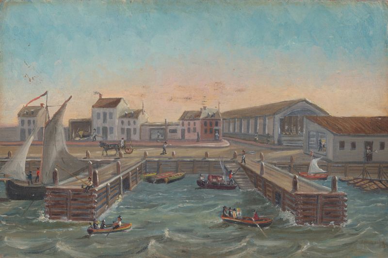 Old Ferry Stairs by William P. Chappel, oil on canvas depicting weathered wooden stairs leading to a river.