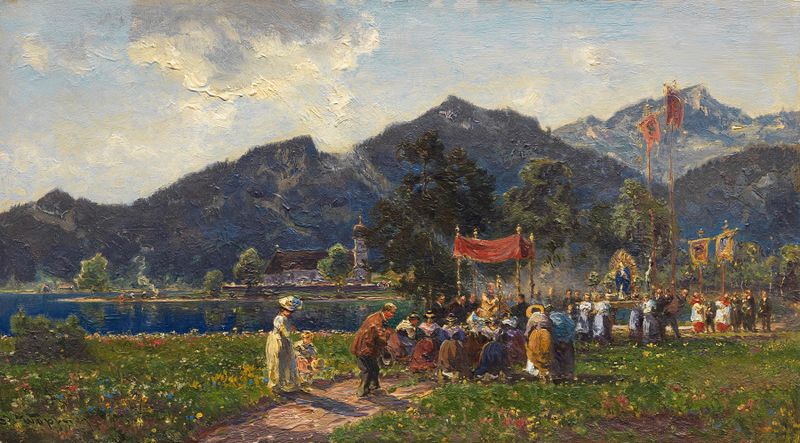 Prozession am Walchensee de Joseph Wopfner, óleo sobre lienzo que representa una vibrante procesión junto a un lago.