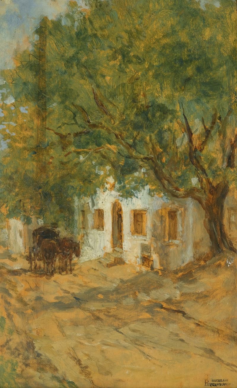 Escena de género que representa una calle de pueblo con figuras y adoquines de August von Pettenkofen, pintura al óleo