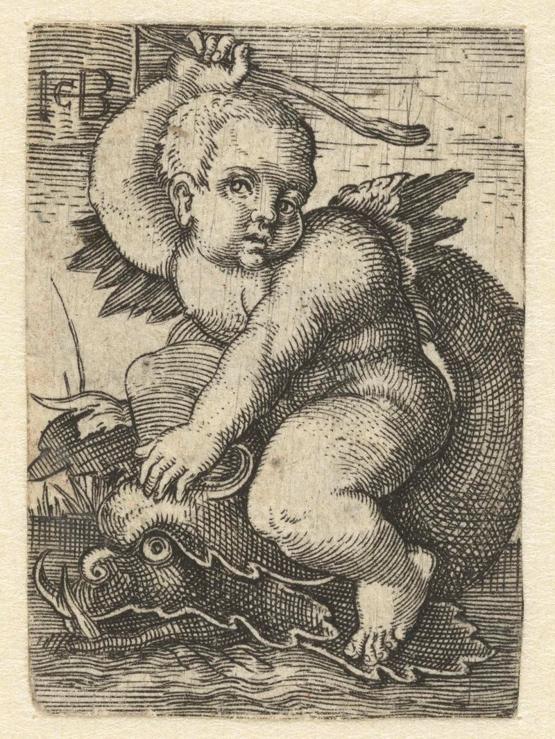 Engraving by Jacob Binck depicting a cherub riding a dolphin