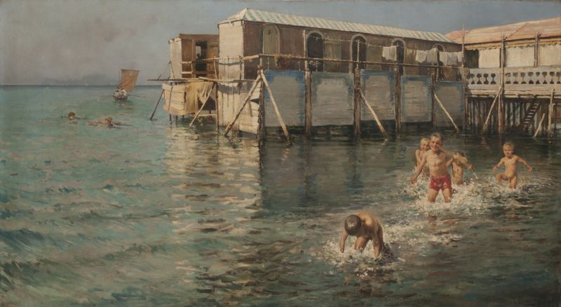 Impressionist oil painting by Vincenzo Caprile depicting a tranquil beach scene.