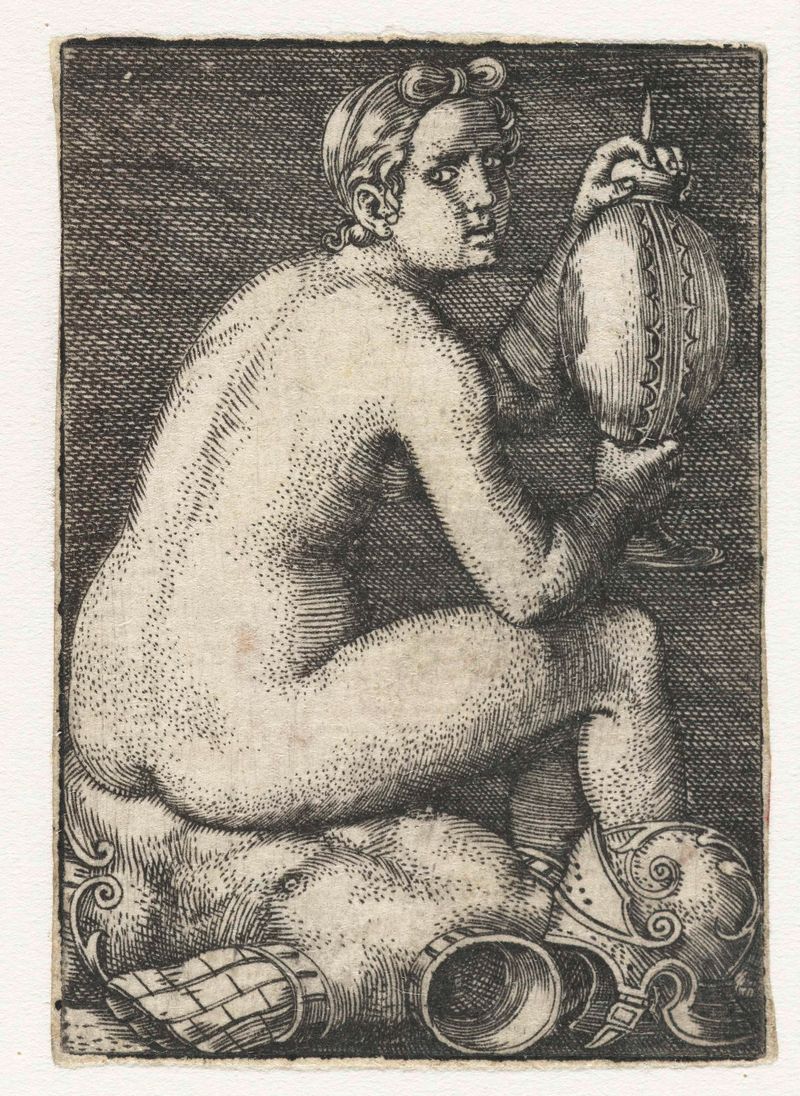 Mulher nua sentada sobre armadura, gravura de Barthel Beham