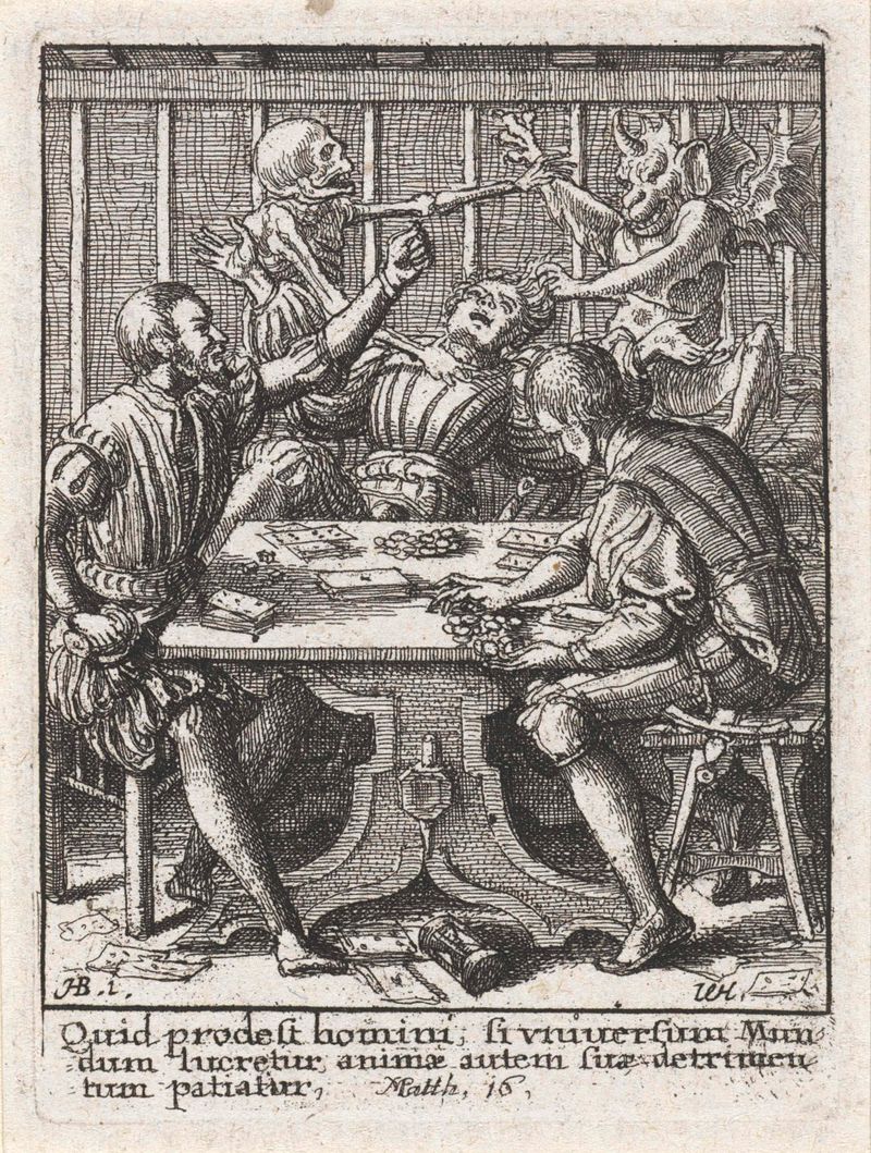 Gravura de Wenceslaus Hollar representando um jogador de cartas e a Morte, c. 1680