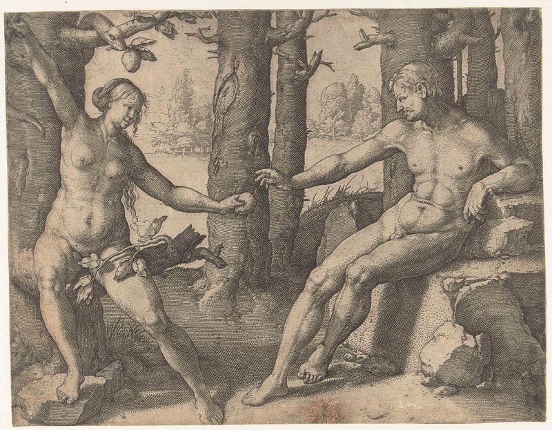Gravura de Lucas van Leyden mostrando Adão e Eva com serpente e folhagem