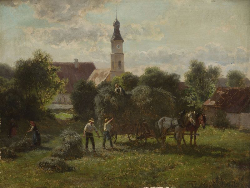 Paisagem com um carro transportando feno, pintura a óleo de Adolf van der Venne