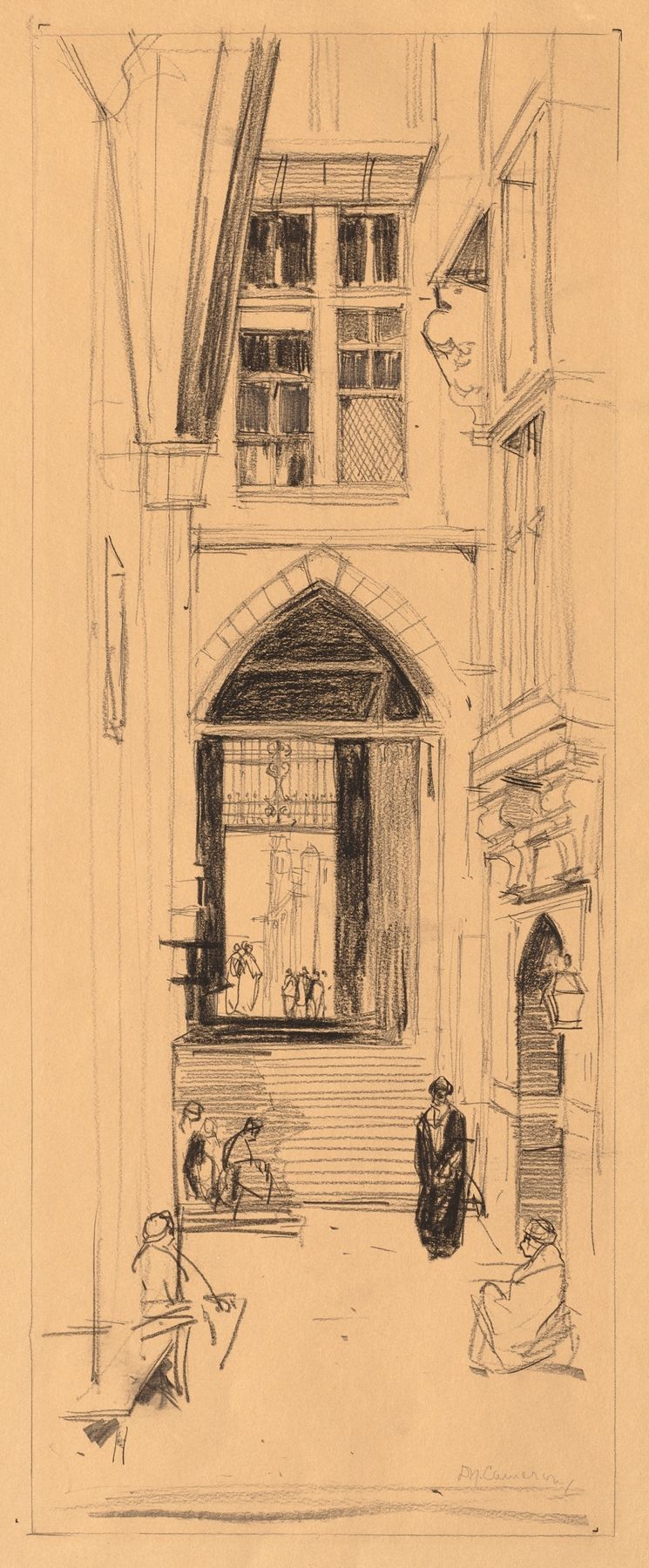 A Courtyard in Cairo, aquarela sobre papel de David Young Cameron, apresentando arquitetura intrincada e cores vibrantes.