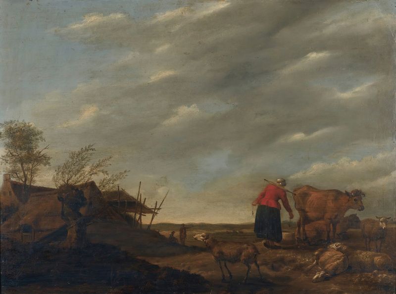 Escena de género que muestra una lechera en un paisaje de Hendrick Mommers