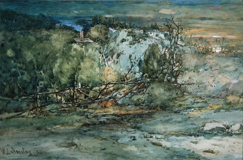 Frontier Cabin by William Louis Sonntag, oil on canvas, depicting a cabin at twilight.