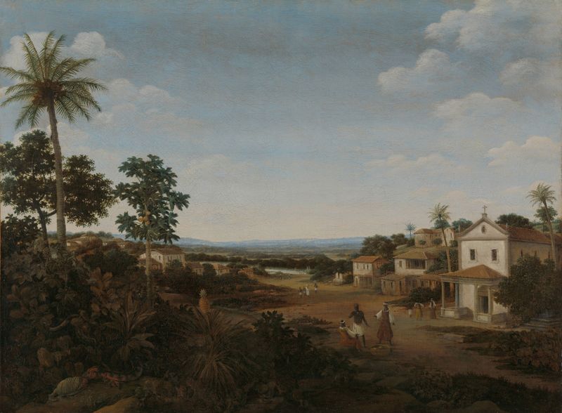 Landscape in Brazil by Frans Post, oil painting depicting lush hills and a luminous sky.