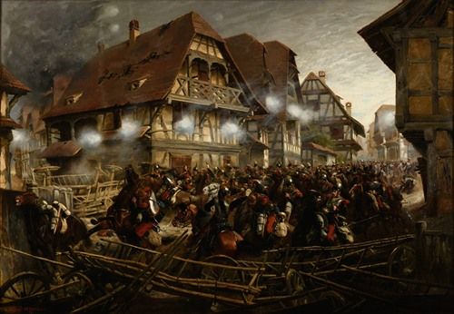 A cavalry charge in a village setting, showcasing the energy and movement of the scene.