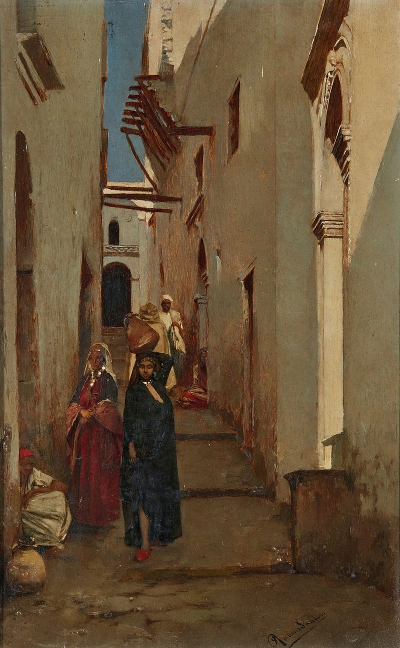 The Side Streets by Rubens Santoro, oil on canvas depicting an alleyway with sunlight and shadows.