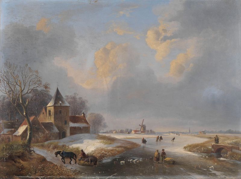 Paisaje invernal con patinadores sobre hielo, pintura al óleo de Louis Pierre Verwee