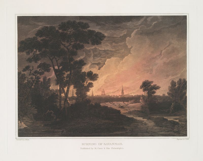 Burning of Savannah by Joshua Shaw, oil on canvas, depicting fire and smoke in a historical landscape.
