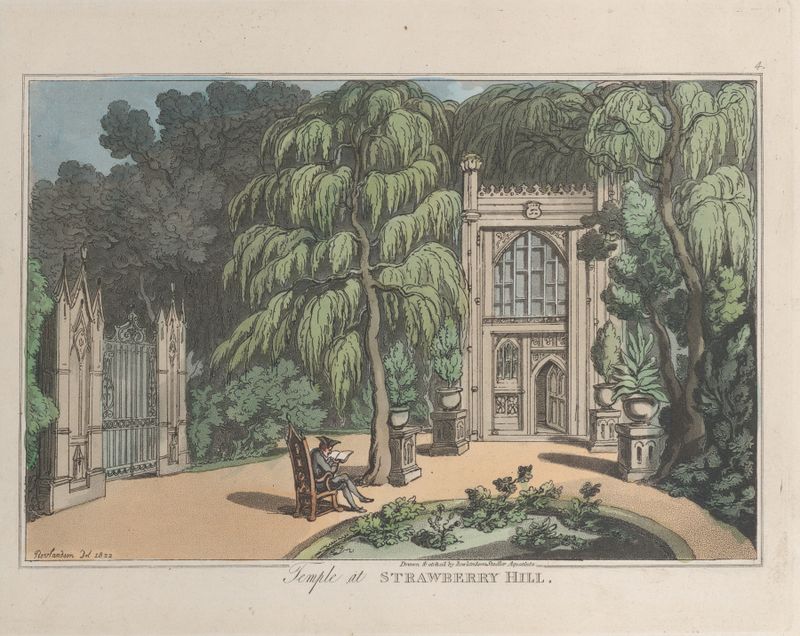 Temple at Strawberry Hill de Thomas Rowlandson, tinta sobre papel, apresenta um elegante templo em uma paisagem.