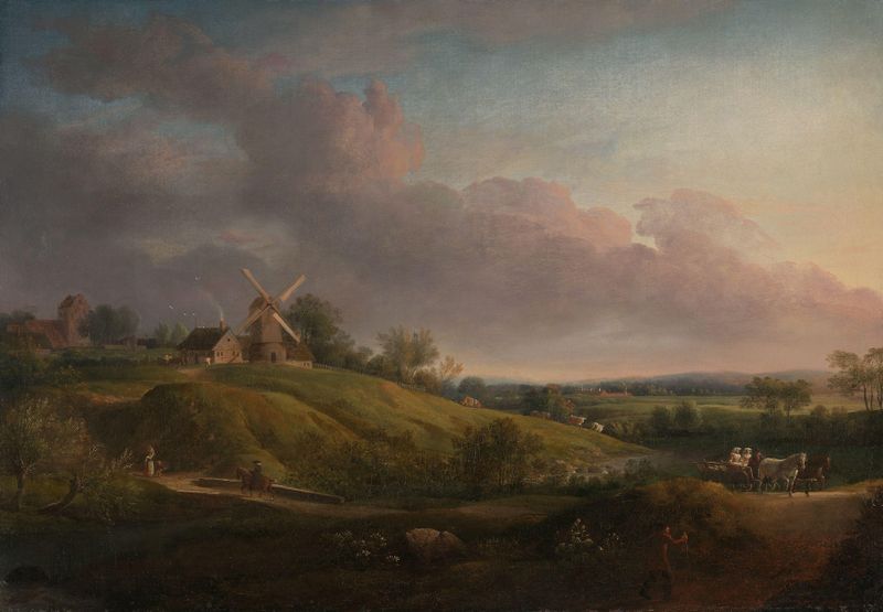 Landscape with a Church and a Mill, oil on canvas by Jens Juel, featuring a church, mill, and flowing stream.