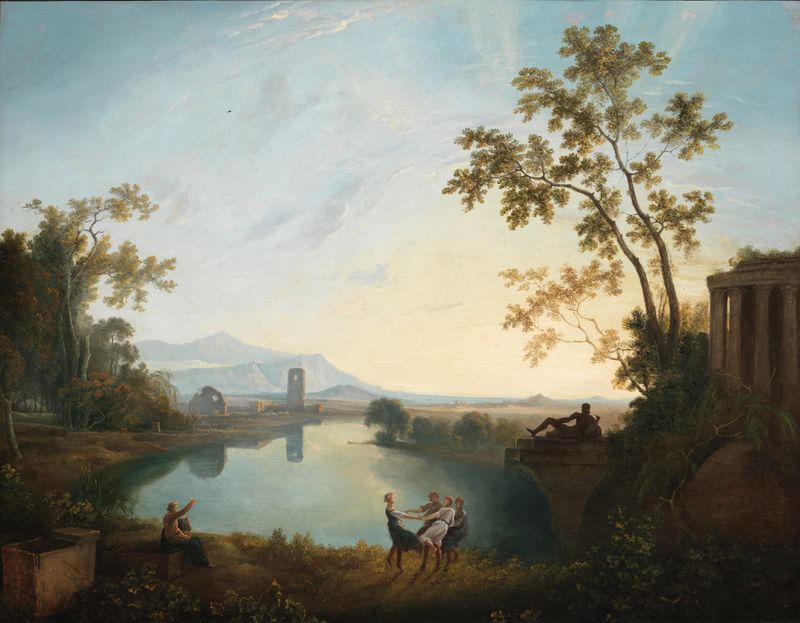 Apollo And The Seasons de Richard Wilson, óleo sobre lienzo que representa a Apolo y las estaciones en un paisaje
