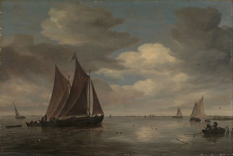 Barcos de pesca em um rio, óleo sobre tela de Salomon van Ruysdael