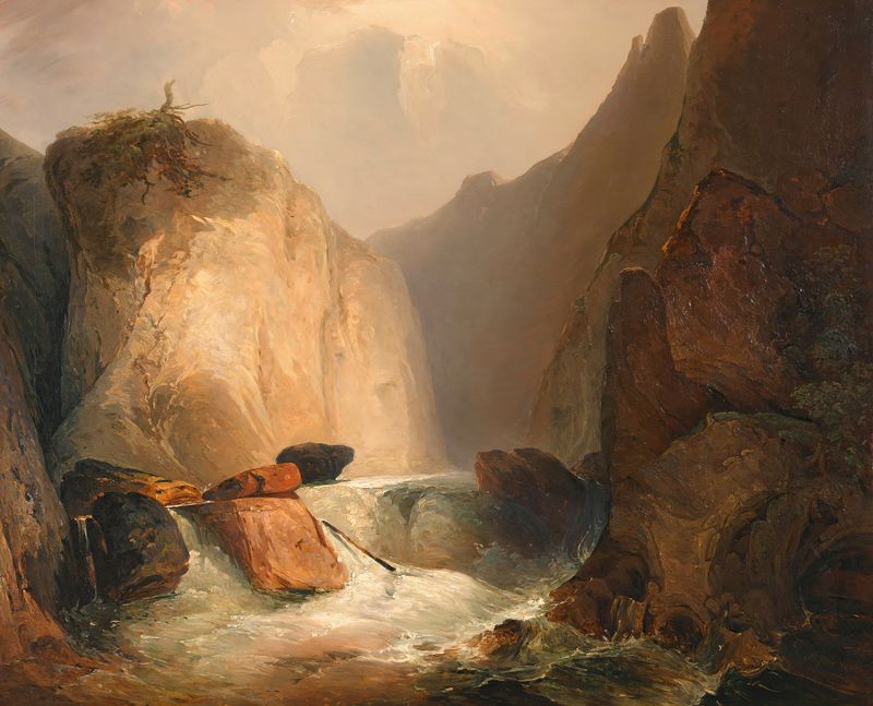 Landscape oil painting by Adalbert Stifter featuring a river and forest