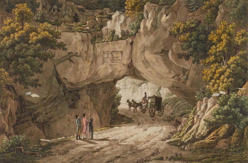 Vue de Pierre-Pertuis de Peter Birmann, óleo sobre tela representando uma paisagem fluvial tranquila