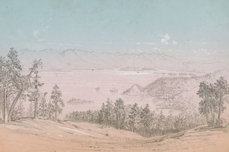 Flathead Lake by John Mix Stanley, 1854, depicting shimmering water and clouds.