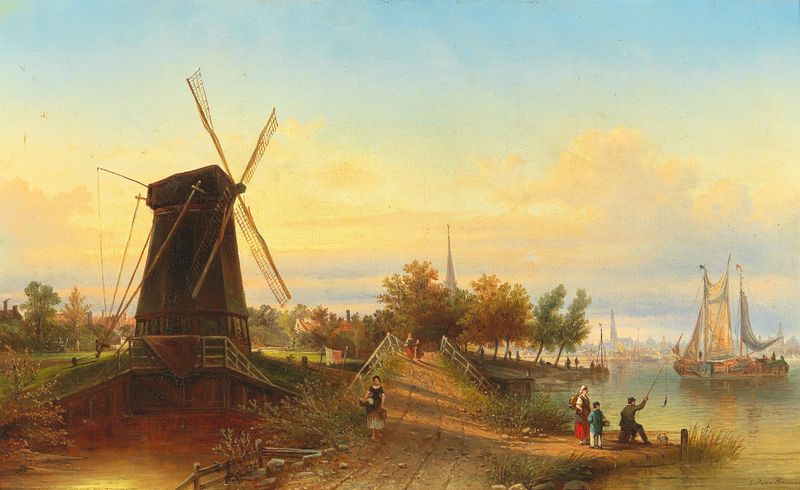 Watermill Near Amsterdam de Elias Pieter van Bommel, óleo sobre lienzo que representa una escena de río tranquila