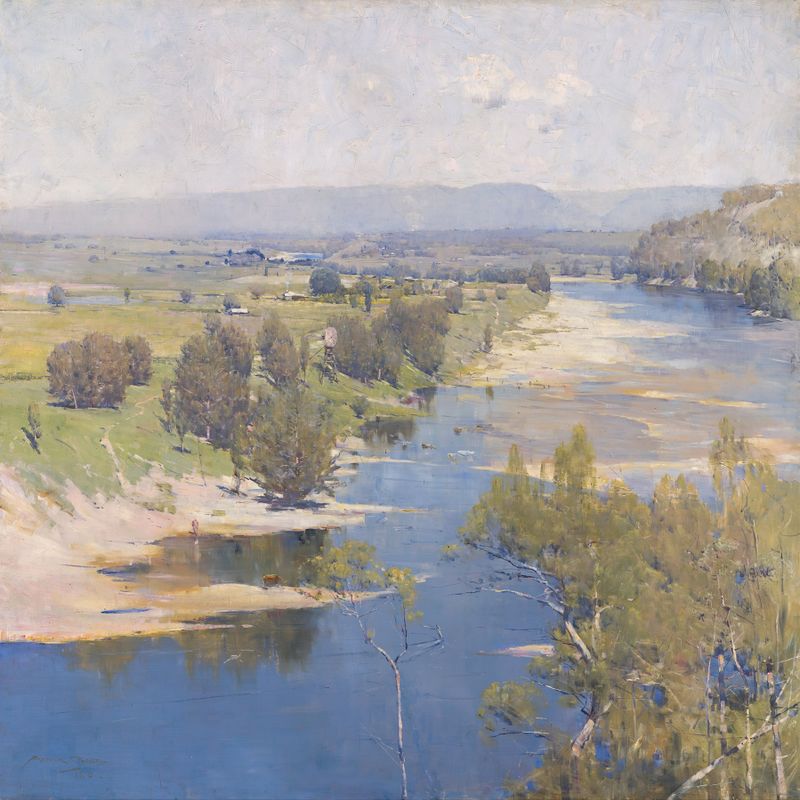 Pintura de paisaje al óleo de Arthur Streeton con tonos lilas y dorados