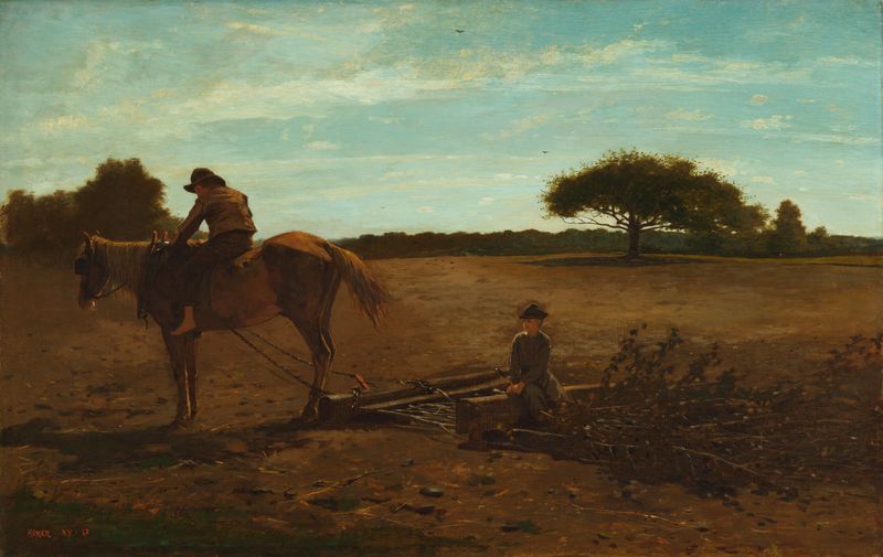 Pintura al óleo de paisaje de Winslow Homer que muestra campos y trabajadores bajo un vasto cielo.