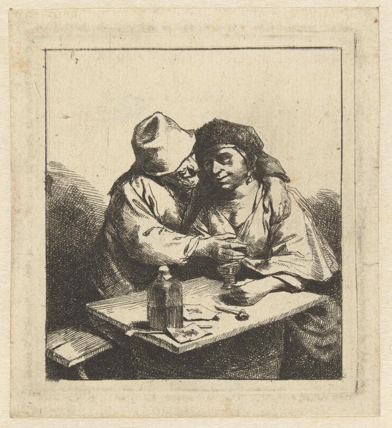 Grabado de Cornelis Pietersz. Bega que representa a una pareja en luz suave.