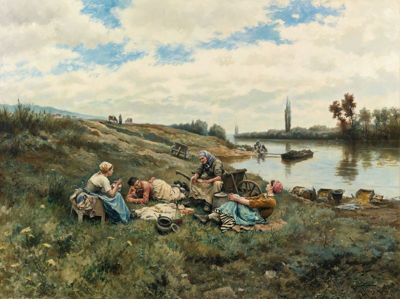 Genre scene depicting a figure by the Seine, oil painting by Daniel Ridgway Knight