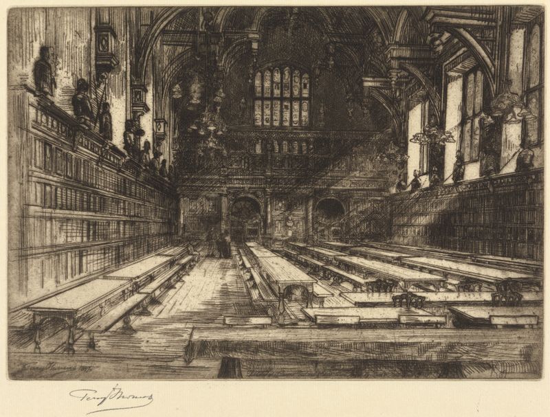 The Temple, London by Percy Thomas, Victorian style, depicting golden light through columns.