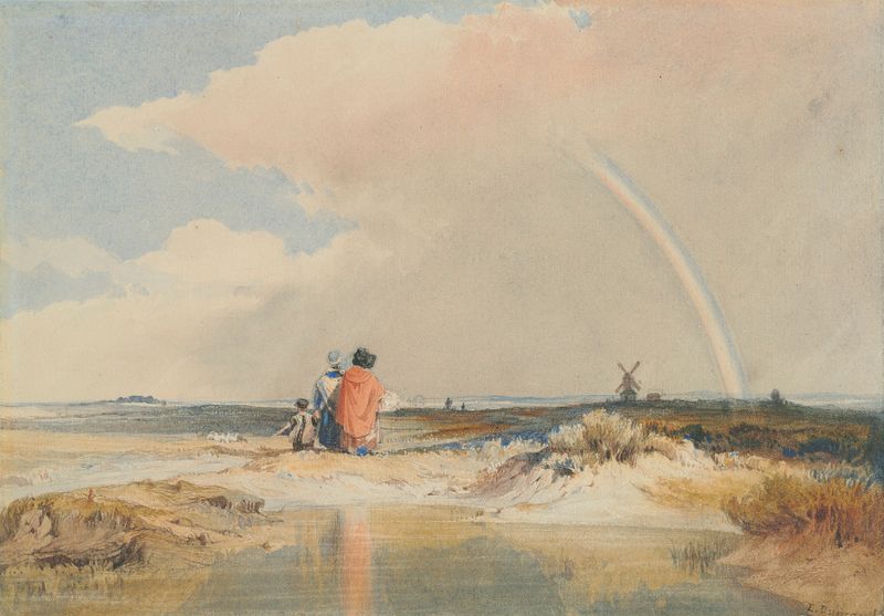 Landscape with a rainbow, oil painting by Edward Duncan depicting hills and a sunset.