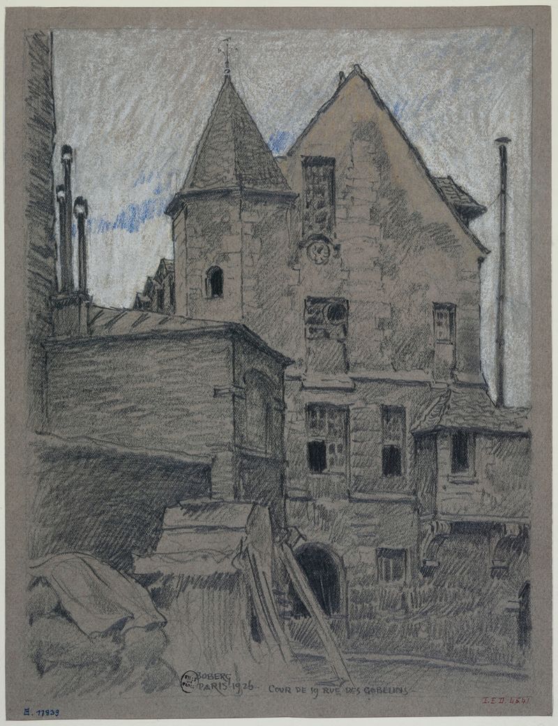Cour d’une maison, 19 rue des Gobelins de Ferdinand Boberg, óleo sobre tela representando um pátio sereno.