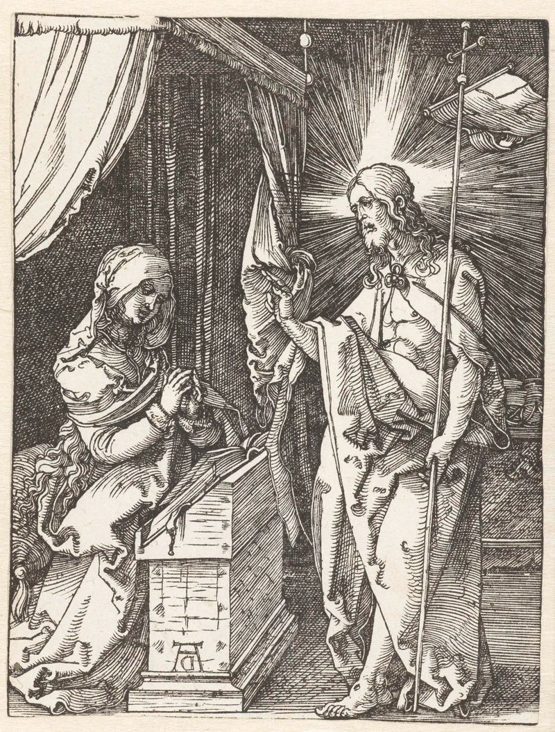Cena religiosa com uma figura radiante em luz dourada, obra em papel de Albrecht Dürer
