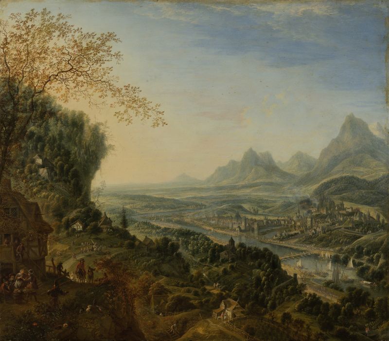 River Landscape with Rhine Motifs and Troops Passing by Jan Griffier, oil painting depicting a tranquil river scene.