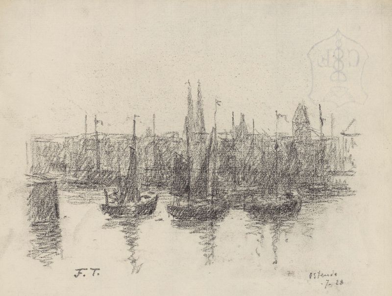 Oil on canvas by Jean-François Taelemans depicting fishing boats at a harbor in Ostende