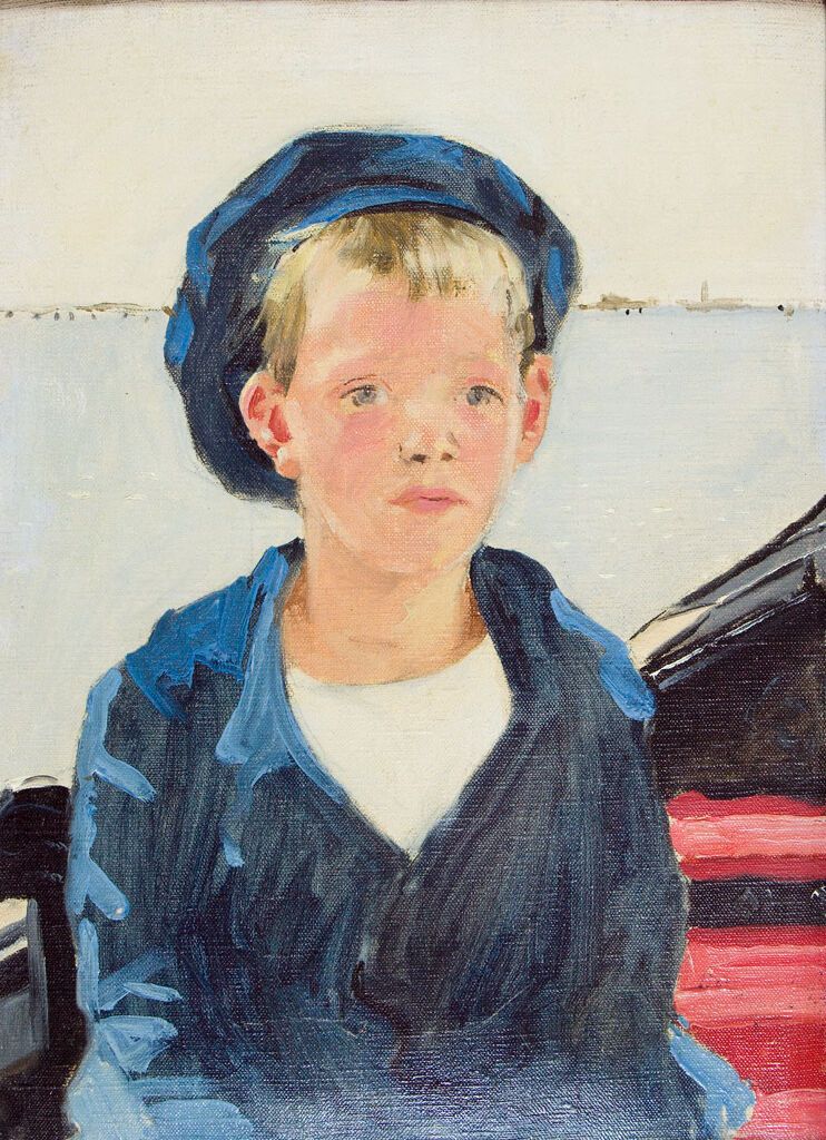 Retrato de um menino jovem em roupas de marinheiro, óleo sobre tela de Denman Waldo Ross
