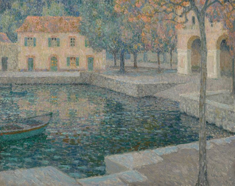 Le bassin du refuge de Henri Le Sidaner, óleo que representa un jardín tranquilo con un estanque.