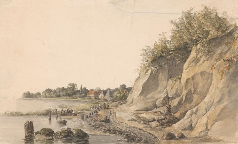Landscape of a riverbank with houses in the background, oil painting by Petrus Johannes Schotel