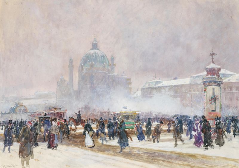 Saint Charles’ Church in Vienna at snow flurry, oil on canvas by Carl Müller