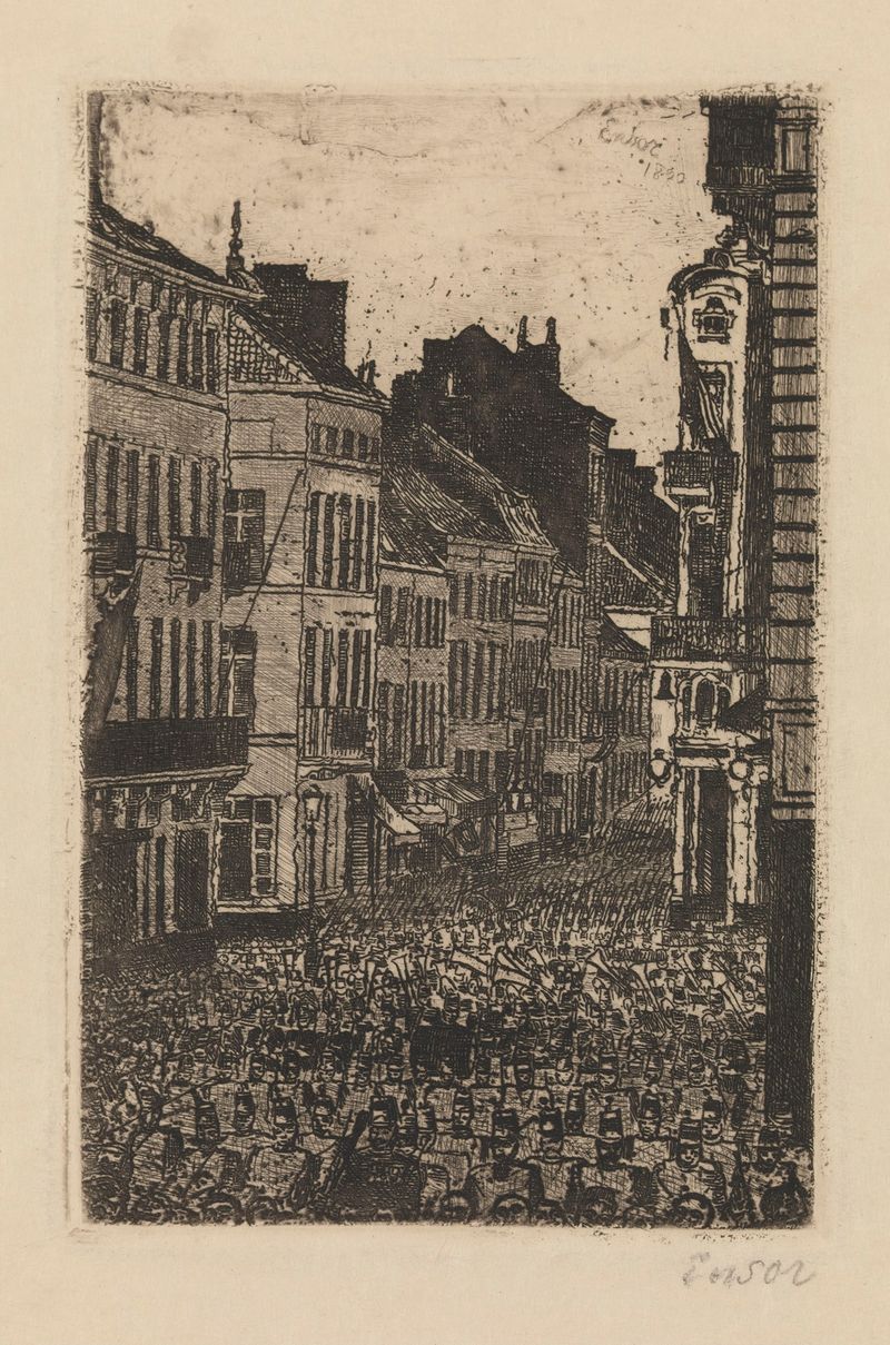 The Music in the rue de Flandre, Ostend by James Ensor, oil on canvas depicting a lively crowd.