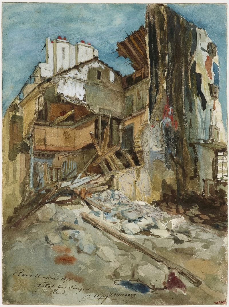 Gravura de L’hôtel des Singes à Saint-Cloud por Léopold Flameng mostrando um hotel caprichoso cercado de vegetação.