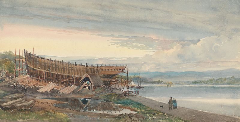 Boat Building on the Teign, óleo sobre tela de Samuel Lucas mostrando homens trabalhando.