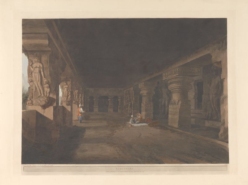 Oriental scenery Pl.36 de Thomas Daniell, pintura a óleo que retrata uma paisagem tranquila.