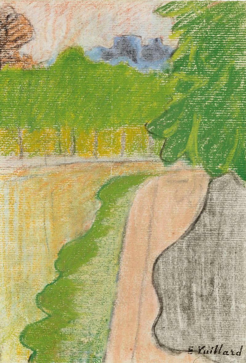 Paysage de rue avec arbres de Édouard Vuillard, pintura a óleo que retrata árvores vibrantes e uma rua.
