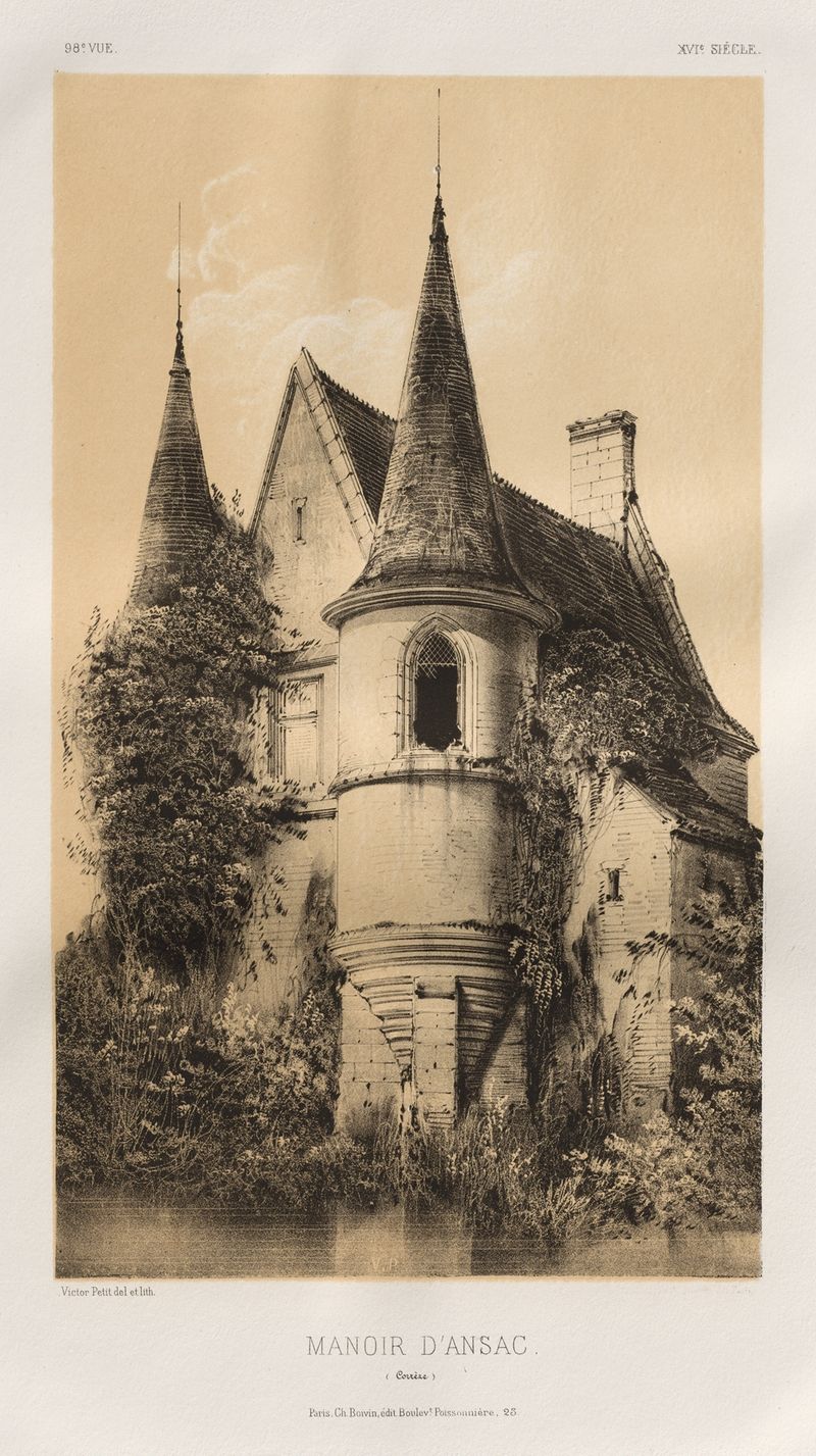 Manoir d’Ansac (Corrèze) de Victor Petit, óleo sobre tela que retrata um manor cercado por folhagem e luz do sol.